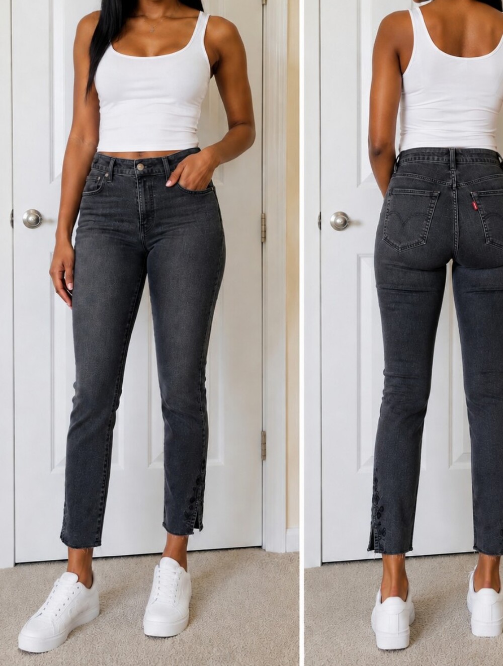 * Levi's Womens 711 Skinny Ankle Jeans Floral Side Slits  Black Wash Size 14